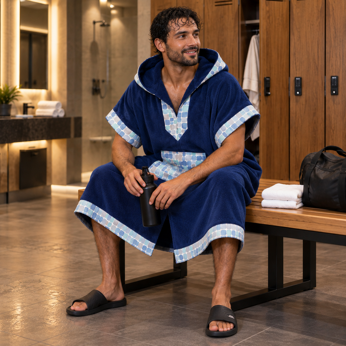 Cap Spartel — poncho homme bleu marine, vue assise en vestiaire