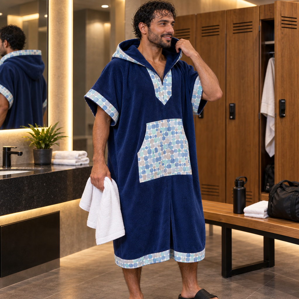 Cap Spartel — poncho homme bleu marine, vue debout avec capuche en vestiaire