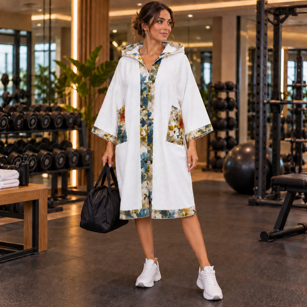 Célestine — poncho femme blanc à finitions florales, vue principale en salle de sport
