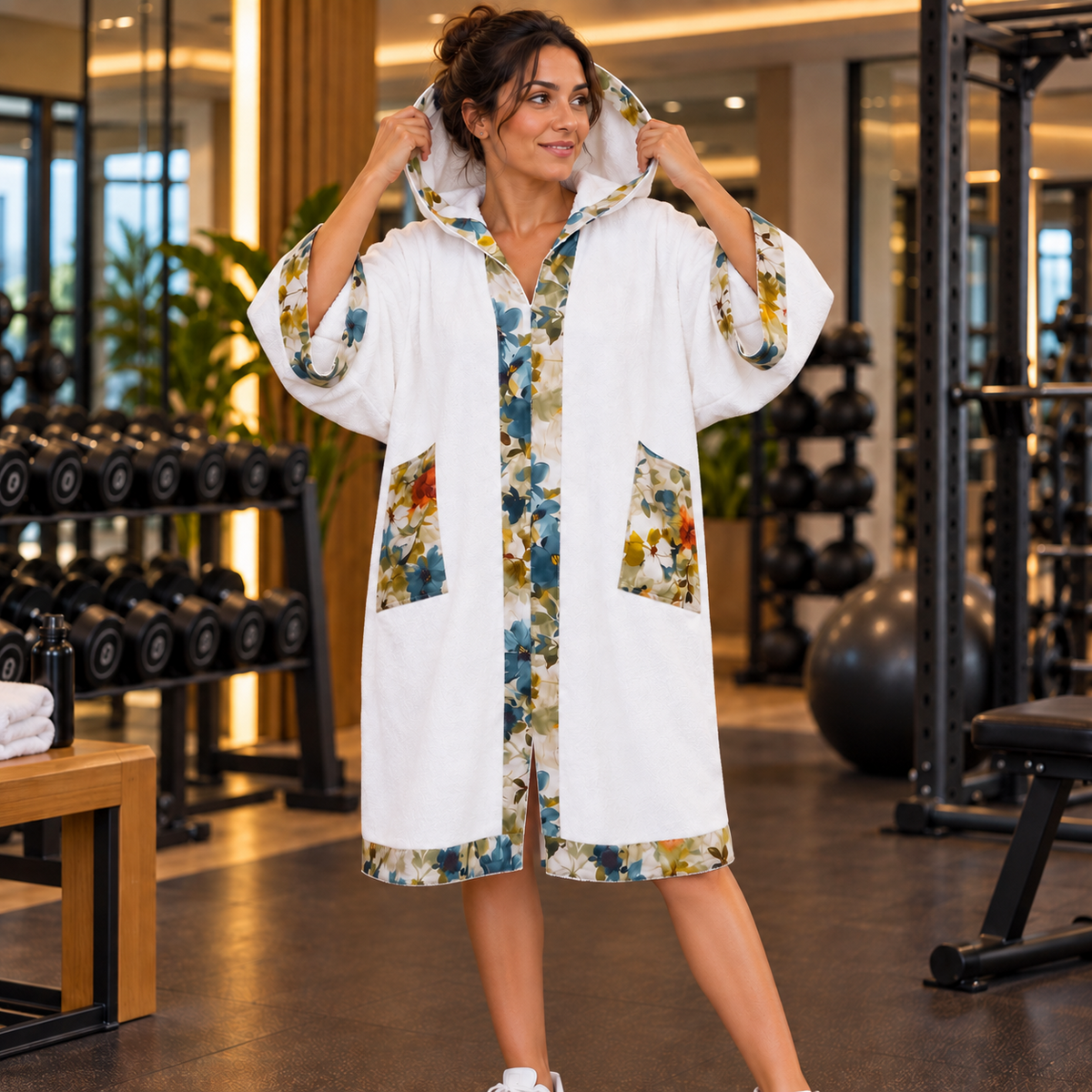 Célestine — poncho femme blanc à finitions florales, vue capuche en salle de sport