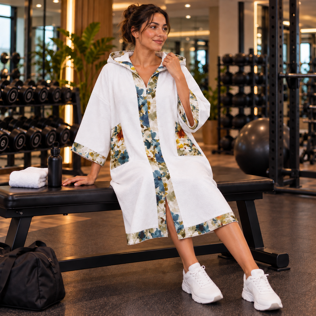 Célestine — poncho femme blanc à finitions florales, vue assise en salle de sport