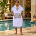Écume de Toile — poncho mixte blanc à finitions gris perle, vue principale près de la piscine