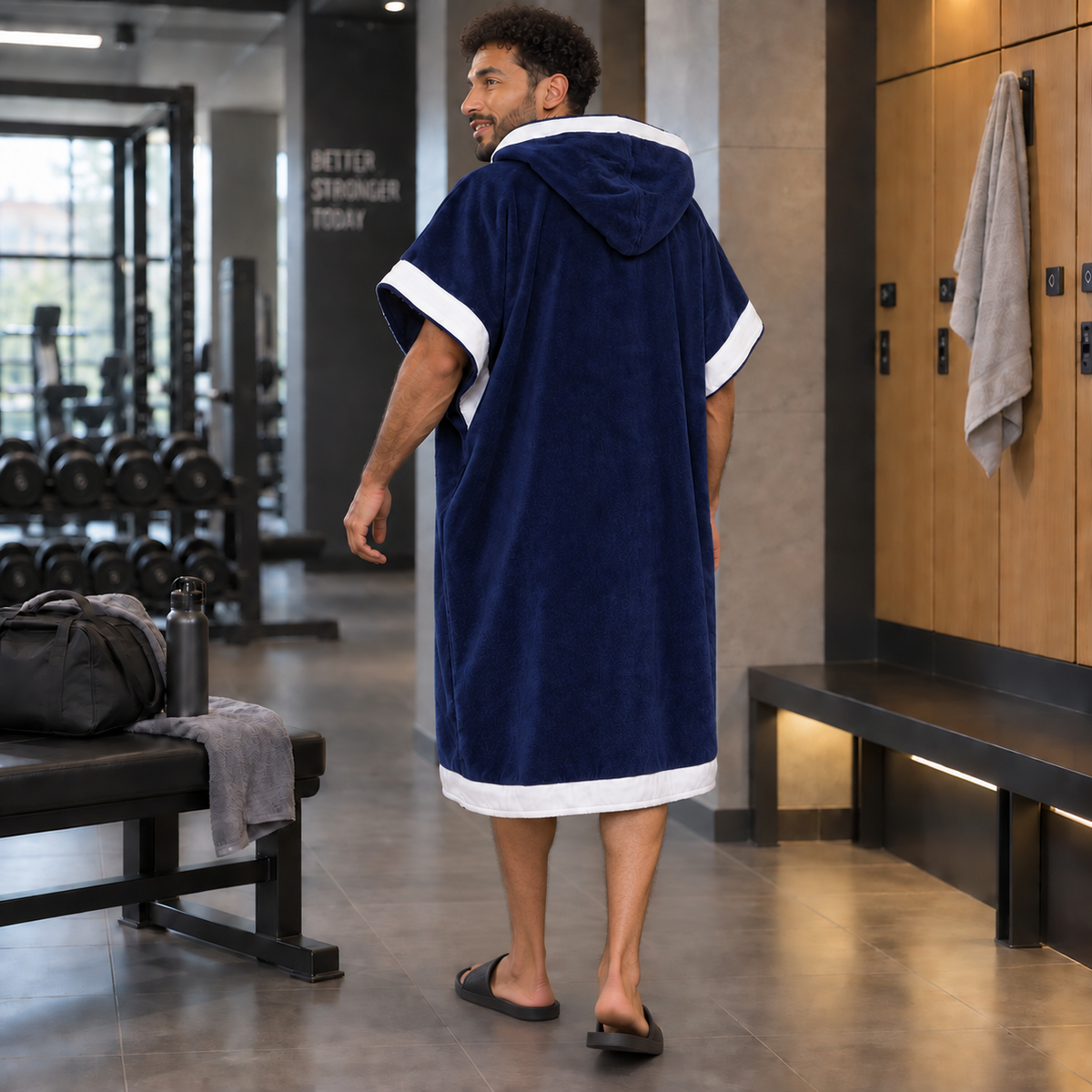 Horizon Marine — poncho homme bleu marine à finitions blanches, vue dos
