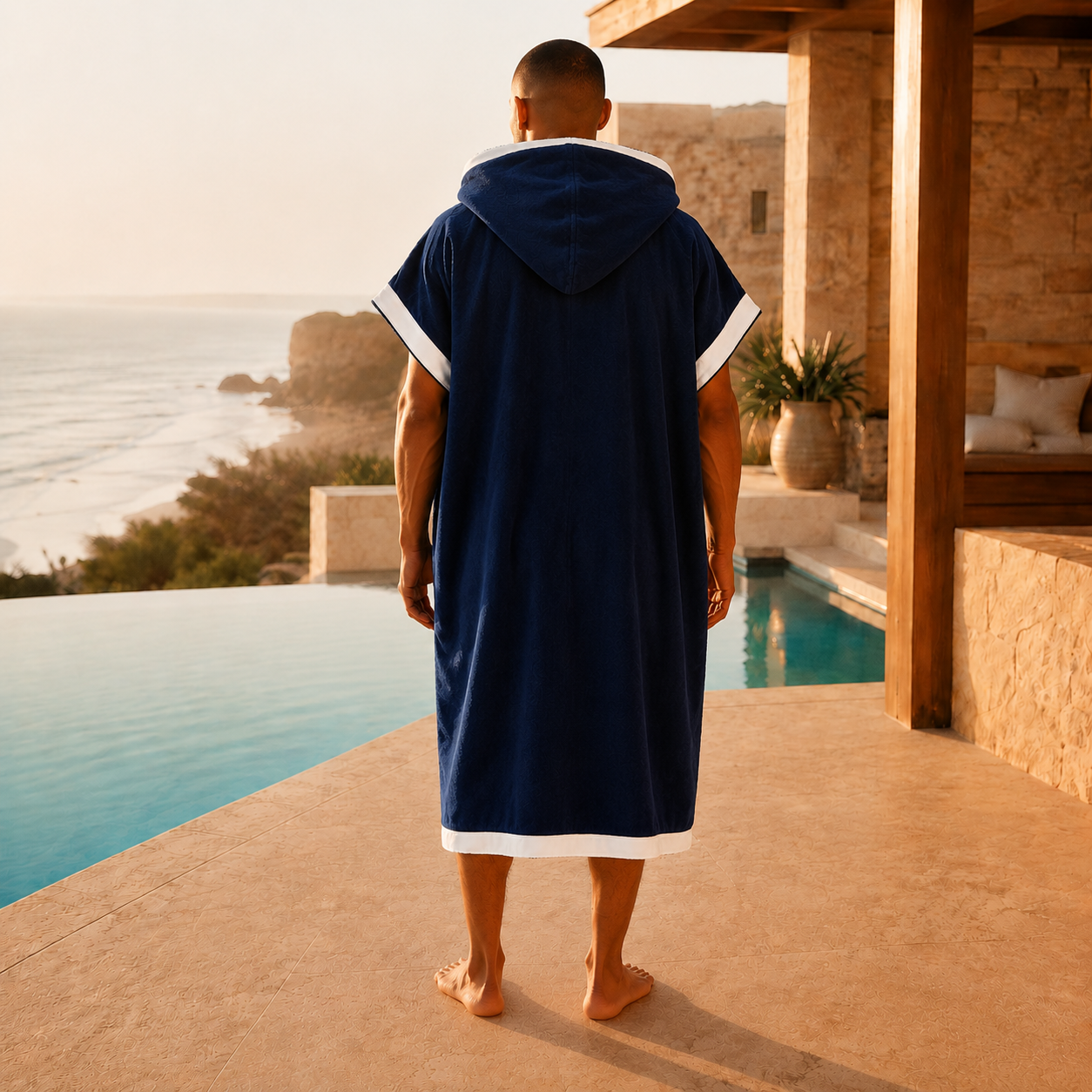 Horizon Marine — poncho homme, vue dos et capuche