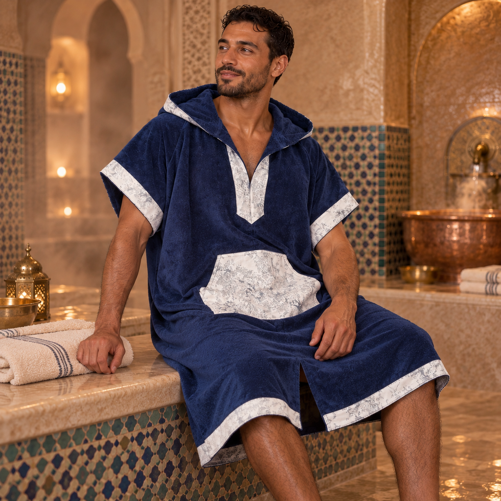 Mogador — poncho homme bleu marine à finitions gris perle, vue assise au hammam