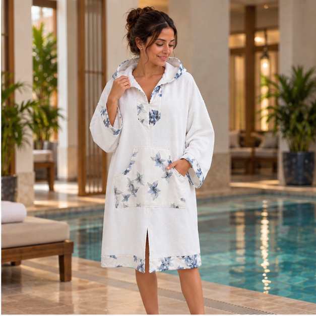 Nacre Bleue — poncho femme blanc à manches longues et finitions florales bleues, vue debout près de la piscine