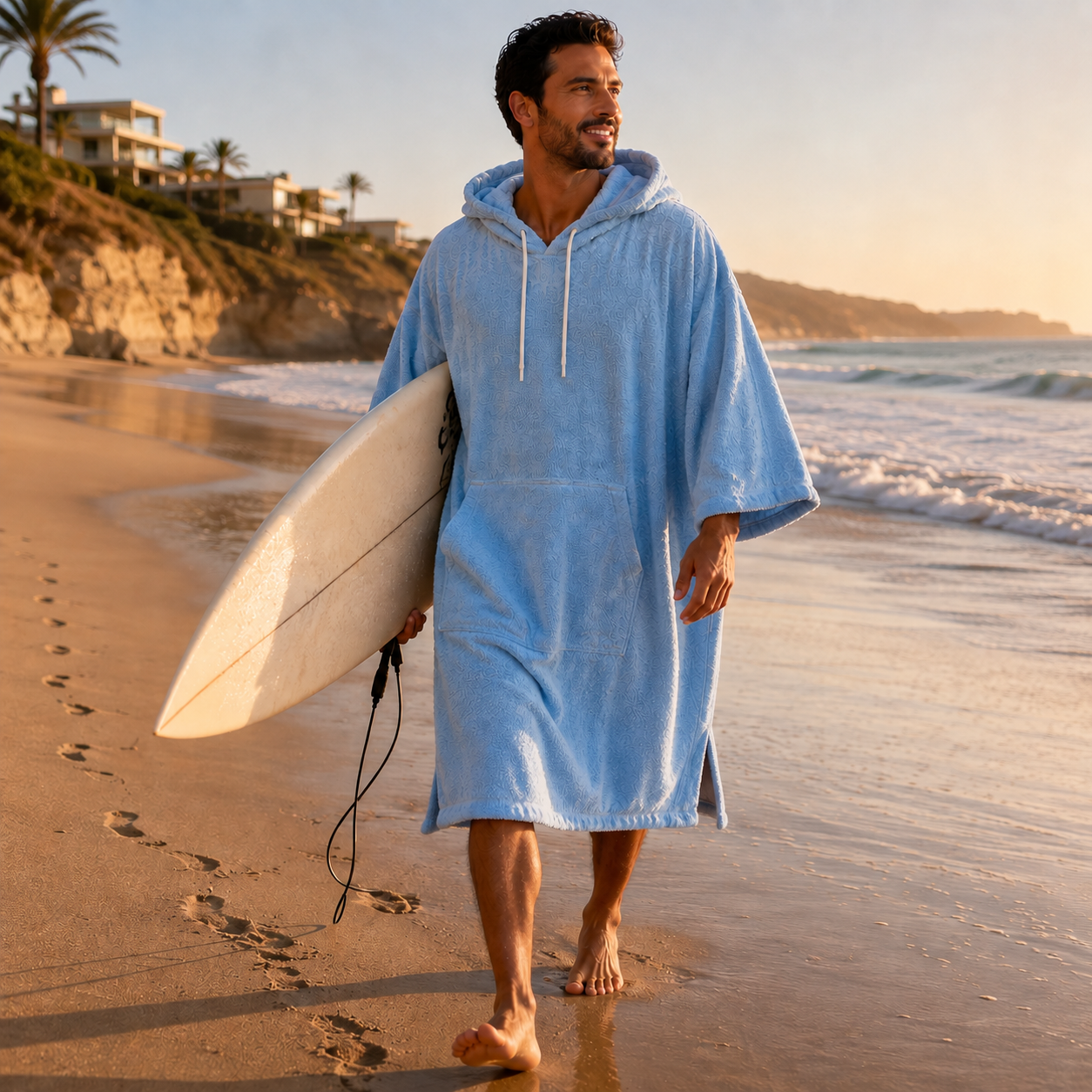 Ocean Breeze — poncho mixte bleu ciel avec planche de surf