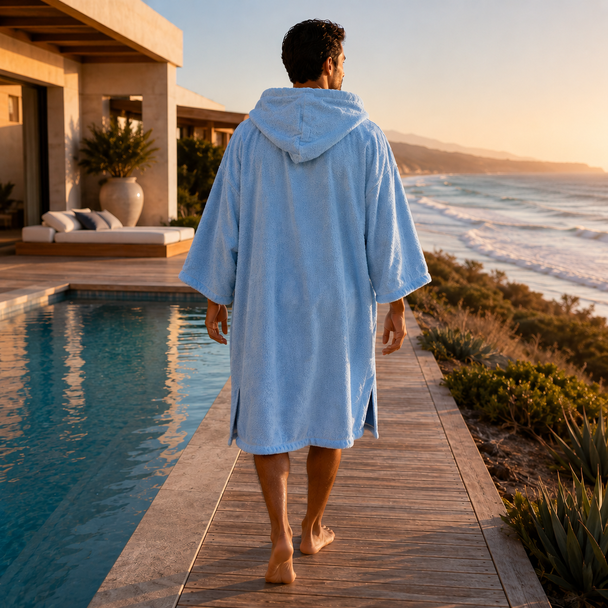 Ocean Breeze — poncho mixte bleu ciel, vue dos et capuche