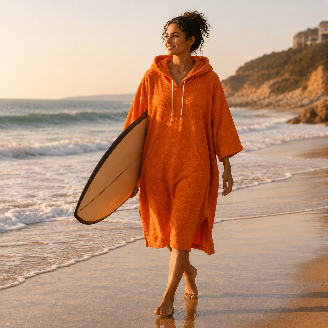Soleil Atlantique — poncho mixte orange avec planche de surf