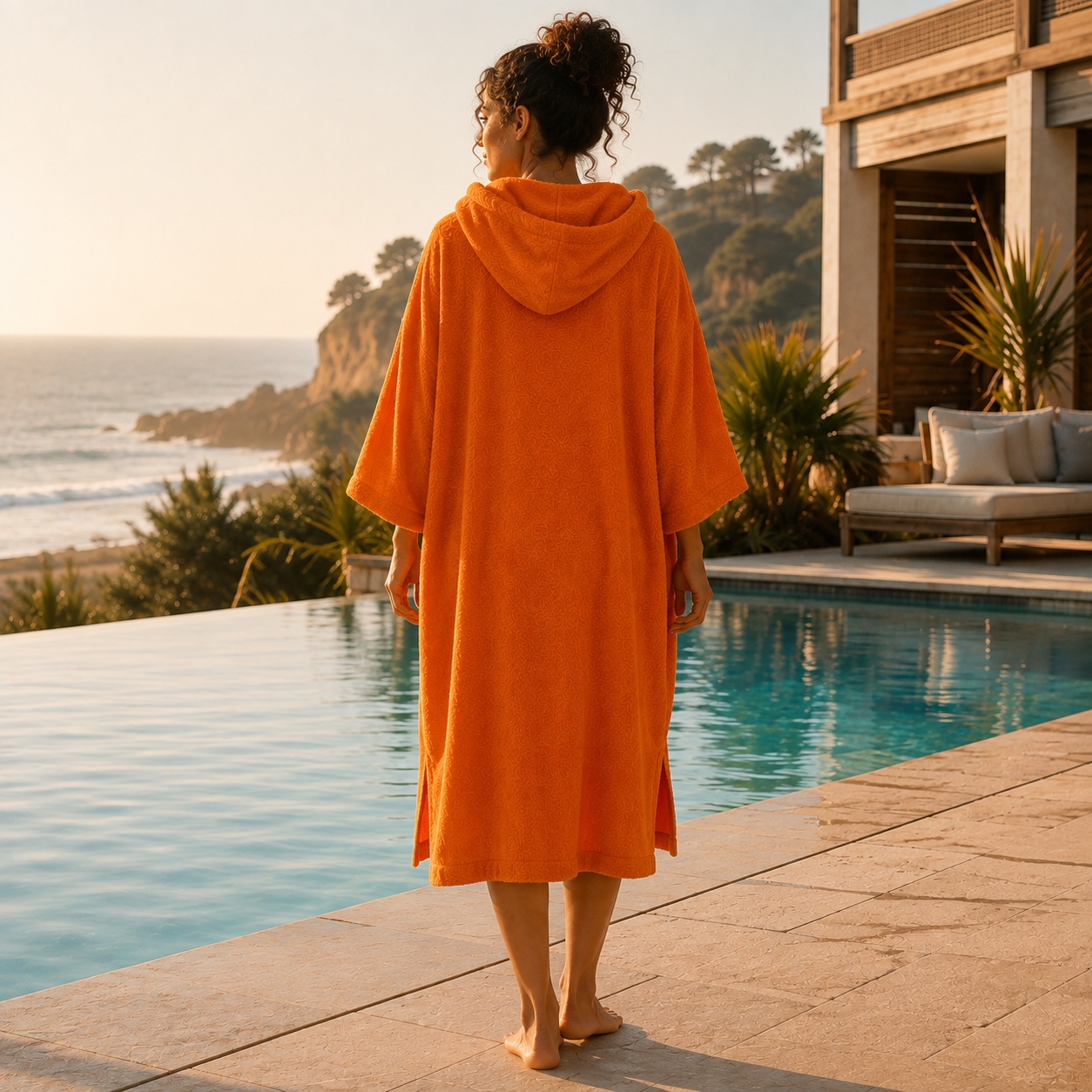 Soleil Atlantique — poncho mixte orange, vue dos et capuche