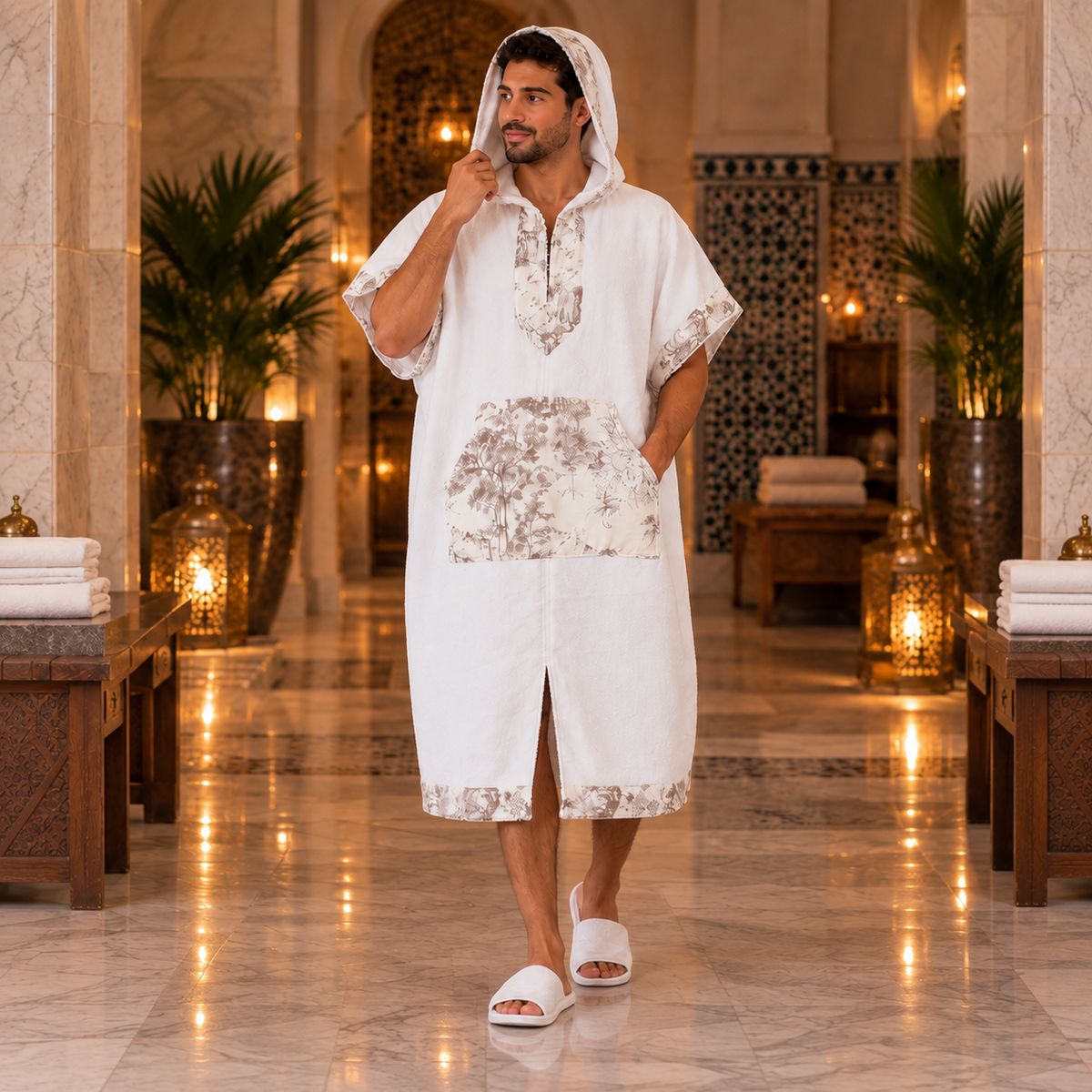 Toile Blanche — poncho homme blanc à finitions gris taupe, vue principale au hammam